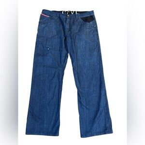 Men’s Dark Blue Baggy Wide Leg Denim Jeans by CAVI-size 40